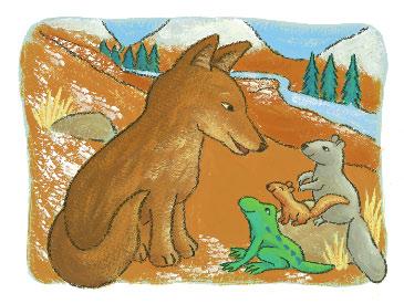 6 But Coyote knew that he needed help. He went down from the mountain and spoke to his friends. Squirrel, Chipmunk, and Frog agreed to help. They made a clever plan to steal some fire.