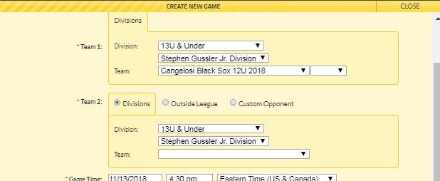 This is where you will enter your game info Clicking on the Divisions box will give you a list of all the COYBL teams in your division.