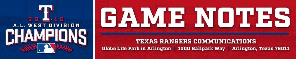 New York Mets (24-31) at Texas Rangers (26-31) RHP Jacob degrom (4-2, 3.97) vs. RHP Dillon Gee (0-0, 0.00) Game #58 Home #31 (17-13) Tues., June 6, 2017 Globe Life Park in Arlington 7:05 p.m. (CDT) FSSW / 105.