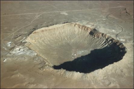 The Meteor Crater A near-circular basin with a diameter of 1.2 km and a depth of 170 m. The crater's rim projects 30-50 m above an extensive surrounding plain, which is tilted upward to the southwest.