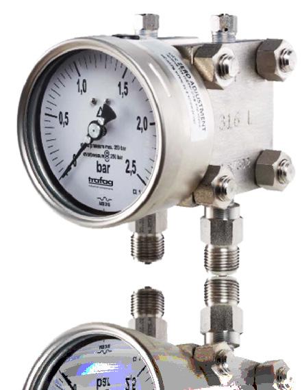 TMP301 www.trafag.com/h20015 The TMP301 All Stainless Steel Differential Pressure Gauge with double diaphragm type Single Side static up to 200 bar sustainable.
