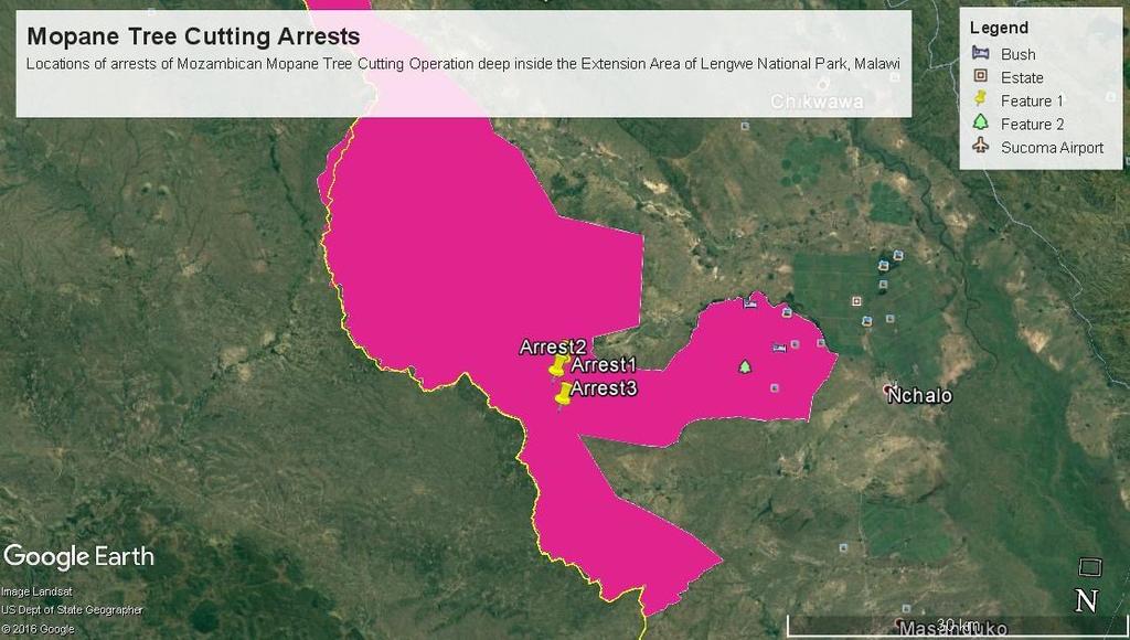 The arrest of Mozambican and Chinese nationals, by the Department of National Parks and Wildlife (DNPW), illegally operating a Mopane Wood cutting extraction operation within the Extension Area of