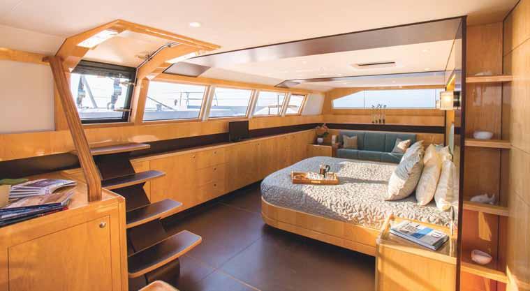The forward master cabin also features direct access to a forward owner s deck, which is complemented by a cosy second-level deck area in front of the flybridge.