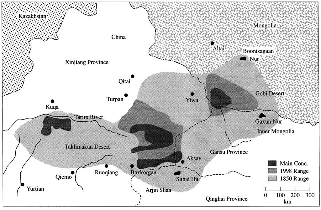 Status of wild Bactrian camels and other large ungulates in south-western Mongolia 249 Fig. 2 Range reduction of wild Bactrian camels from 1850 to 1998. Adapted from Schaller (1998).