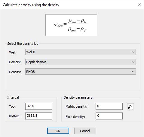 Check that the correct Well is selected. Select the required density log from the drop-down list. Specify the Top and Bottom depth interval over which the porosity is to be calculated.