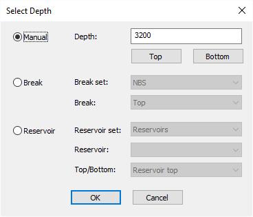 Top and Bottom input fields. The Select Depth dialog window appears.