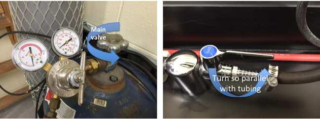 Open the valves for the acetylene gas and compressed air. The acetylene gas cylinder is located to the far left of the instrument. Turn the gas on by turning the flower-shaped main valve (only!