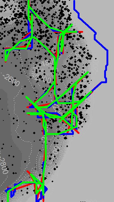 3 Results Figure 12 shows an example of a simulation run. The vessel on the top started directly in high abundance areas, and was mainly busy fishing and processing.