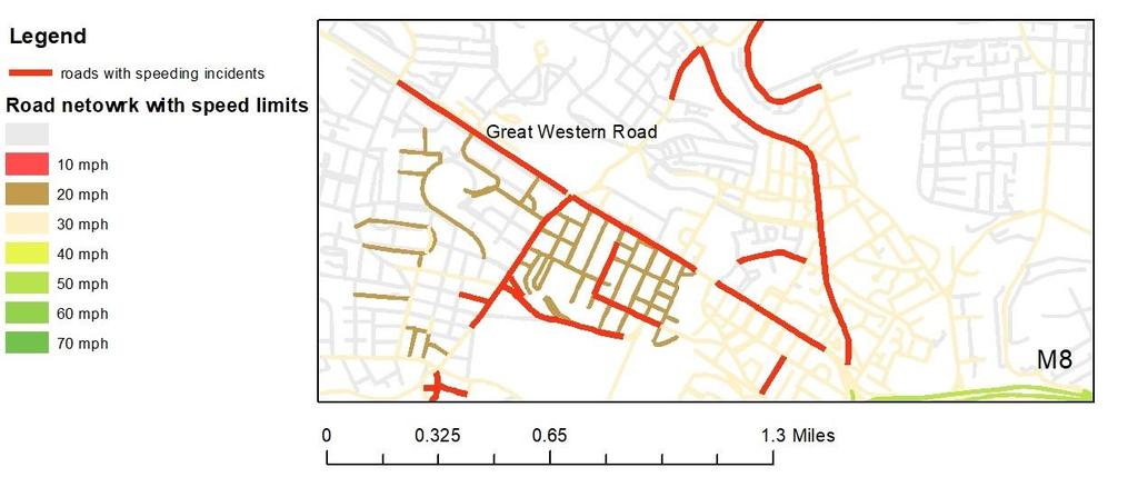 Figure 8. Speeding incidents in the North West area of Glasgow city centre. Mapped speeding incidents linked to actual road links highlight areas of crash risks.