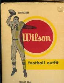 (This one is bordering on the spectacular. Introducing: 1950 s Wilson NFL Player Photo Box that comes with shoulder pads (cracked). Large but not overwhelming (Approx.