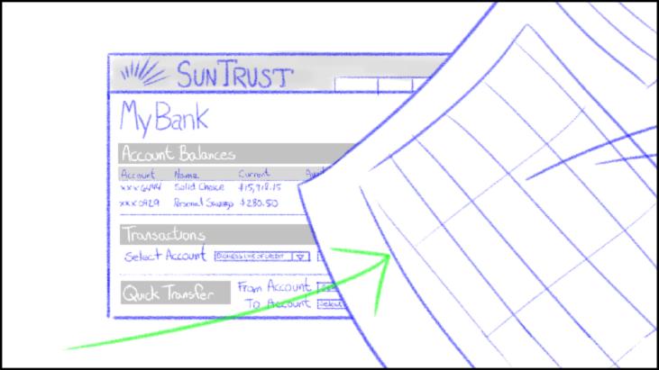 SunTrust Online Cash Manager Demo Page 6/3 04:00 One of the pages, showing an invoice or bank statement, flies toward the camera