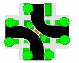FULL DIVERTER Description: Barriers placed diagonally across an intersection blocking through