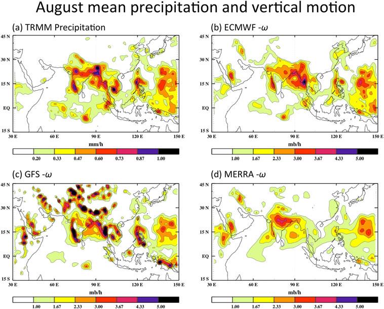 Figure 12. (a) Mean precipitation rate (mm/h) for August 2011 from TRMM together with the vertically averaged vertical motion o (mbar/h) from (b) ECMWF, (c) GFS, and (d) MERRA.