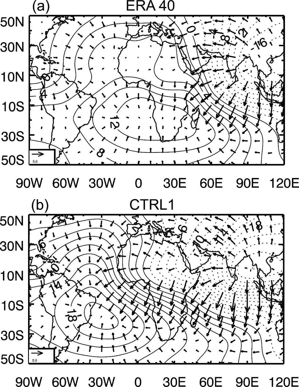 218 J O U R N A L O F C L I M A T E VOLUME 21 FIG. 2. Upper-level (200 hpa) divergent wind (vectors) and velocity potential (contours, m 2 s 1 10 6 ) in July for (a) ERA-40 and (b) CTRL1.