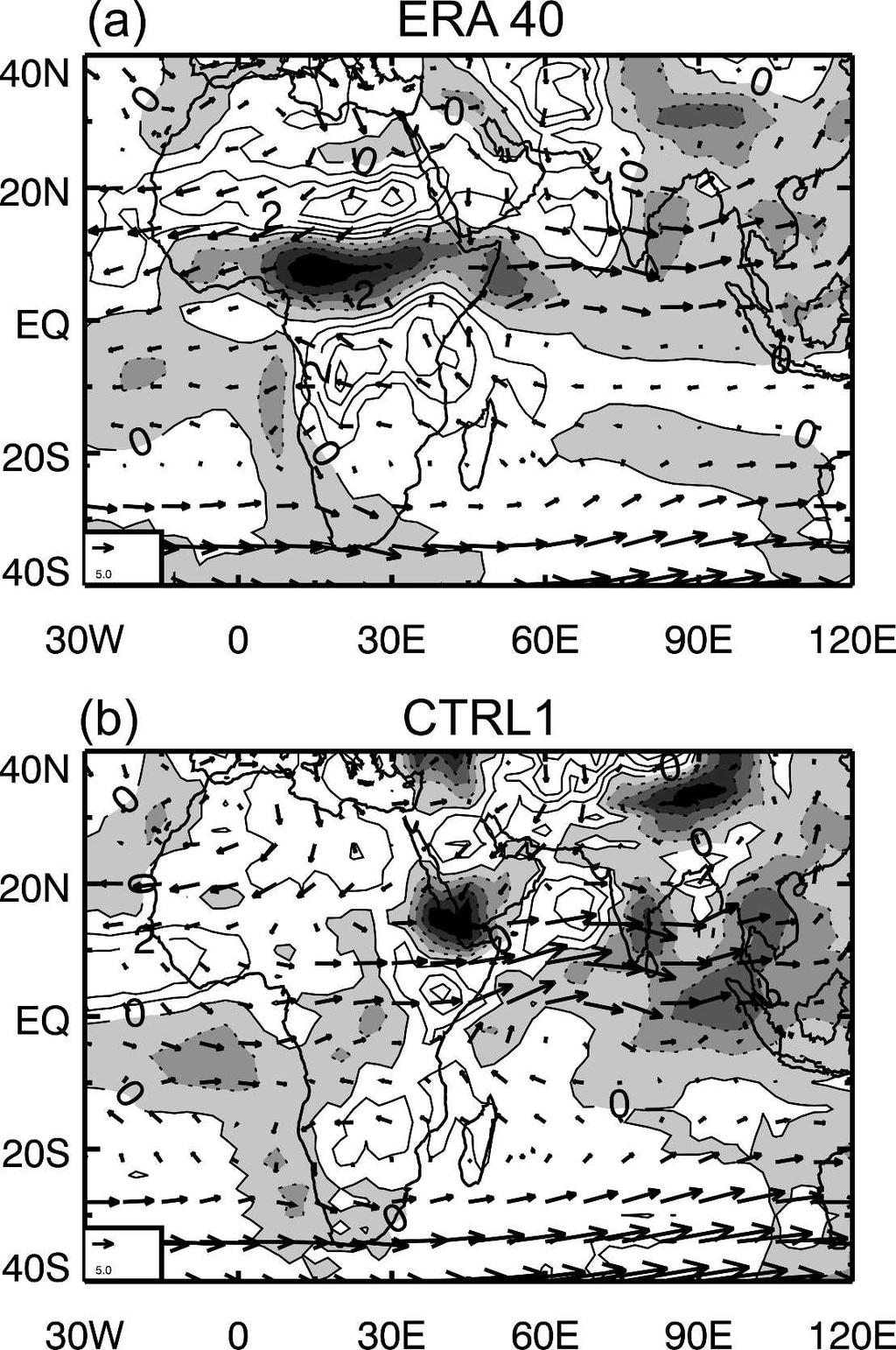 The separation between African and Asian monsoon precipitation is much clearer in ERA-40 than in CTRL1. nitude in both CTRL1 and ERA-40 but precipitation is much more intense in the simulation.