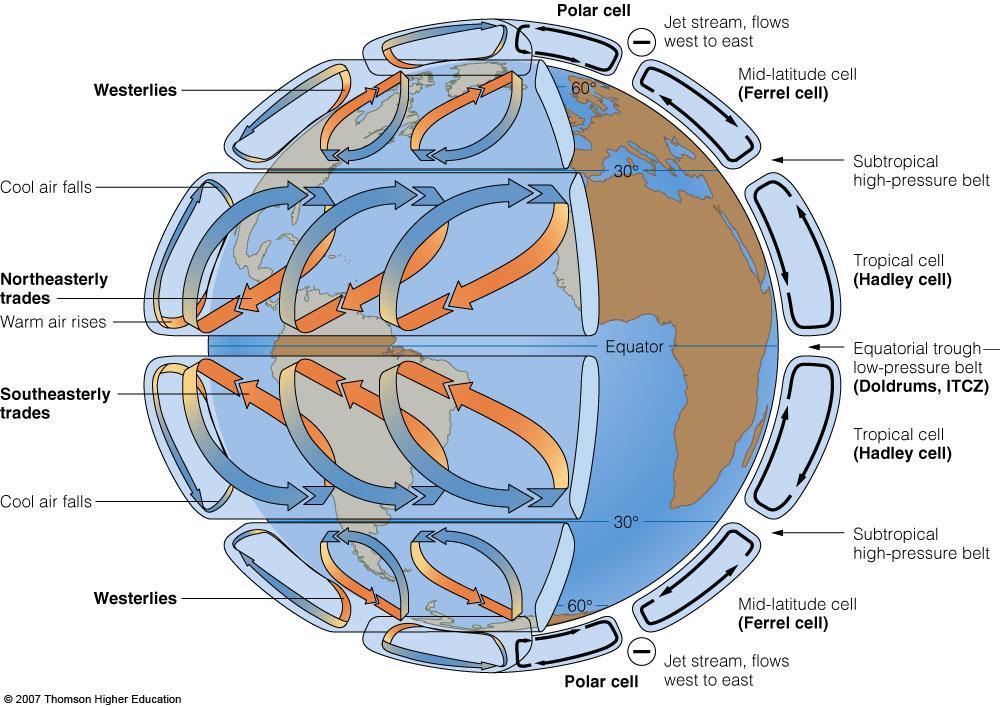 The Coriolis Effect Influences the Movement of Air in Atmospheric Circulation Cells Global air circulation as described in the six-cell circulation model.