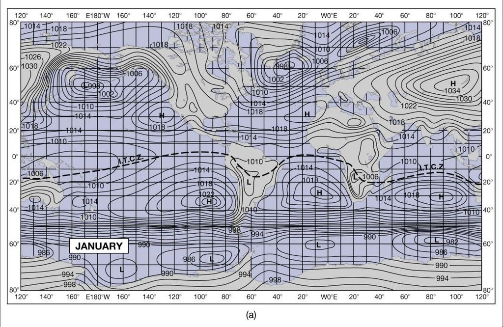 Note that in January, there are relatively weak northeasterly trade winds in the equatorial western Pacific (weak pressure gradient means weak winds),