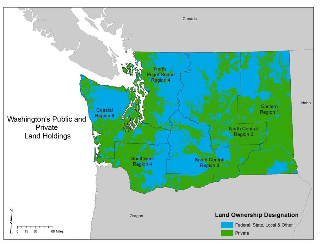 Source: Washington Department of Forestry. Figure 2. Washington land ownership types and regions Table 2. Estimated distribution of public and private lands, by region.