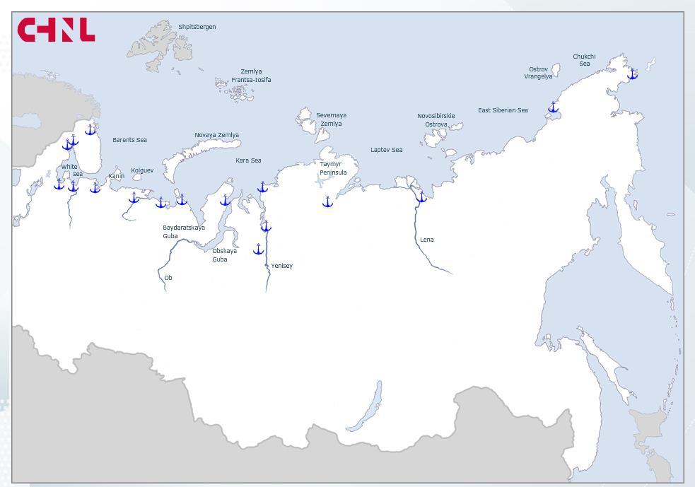Ports along the NSR Overview map of NSR ports locations Usage of existing port infrastructure in the Arctic basin by the 1st January 2014 Arctic Basin berth number nominal capacity 112 58,1 mln t /