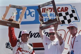 Mario Andretti celebrates his last IndyCar win at Phoenix in 1993. (Photo: Dan R.