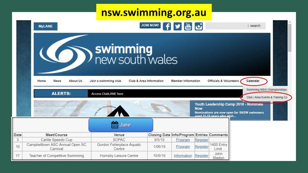 They will be listed for your convince only and no coach will be present. Below is an example of how to find the Swimming NSW Event Calendar.