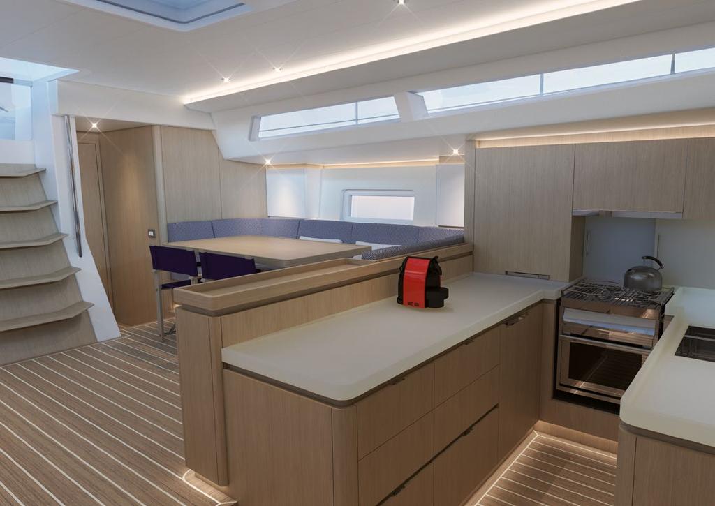 Owner Forward: The twin aft cabins are with a double bunk, accessible from the front and side, or with two singles that can be joined in the middle The raised saloon takes full advantage of the