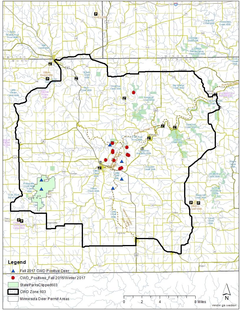 Locations of CWD-positive Deer in 603 (n=17) Results of Fall 2017 Sampling: 603 SE sampling around 603: 1,124 samples, no CWD detected Zone 603: 1,183 deer tested, 6 new CWD detections 4 adult males