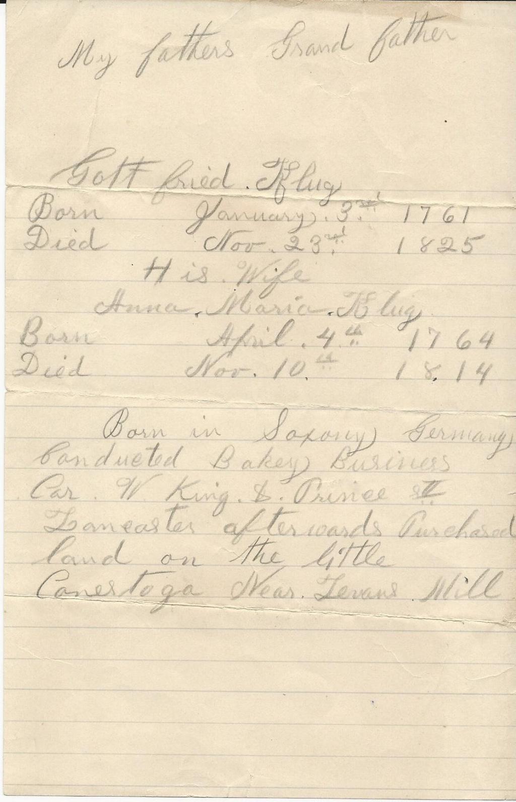 Klugh family history notes written by Jacob H. Klugh: Gottfried Klug was born in Lancaster County, Pennsylvania.