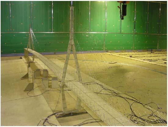 The aeroelastic model tests for full bridge were carried out in the 1.5MW wind tunnels at Monash University in Australia. The test section is 1m width, 4m height and m length. The wind speed range is.