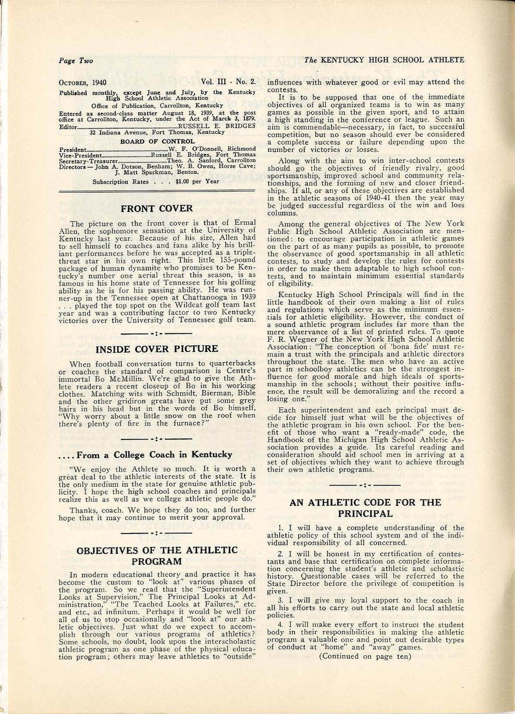 Page Two "The 'KENTUCKY HGH SCHOOL ATHLETE OcTOBER, 1940 Vol.. No. 2. P ublahed monthly, e.