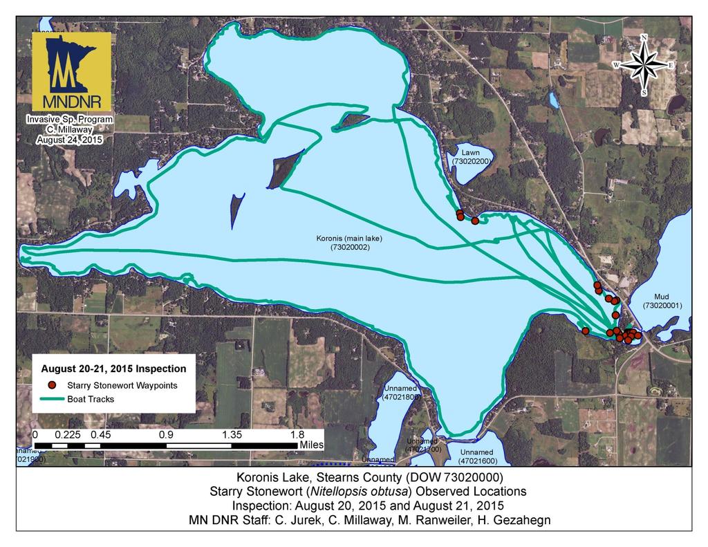 Figure 5. Observed starry stonewort locations and boat tracks from a two-day initial inspection by MNDNR staff on, MN (DOW 73020000) on 20 and 21 August 2015.