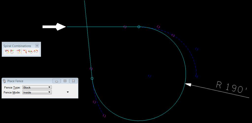 Left click to accept, locating the spiral and curve somewhere near the original (new spiral visualization shown as blue dashed lines).