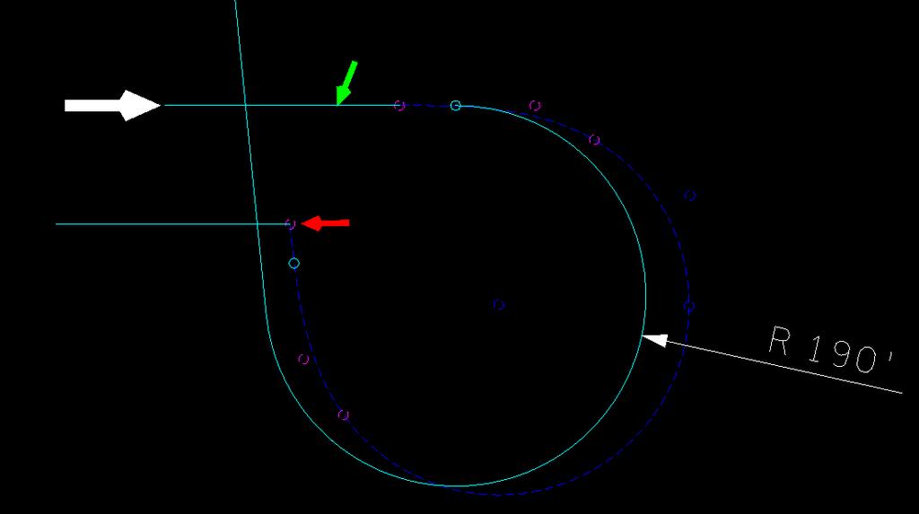 Trim the circular curve at the dashed white line. This leaves the end of the circular curve tangent to the spiral (green arrow). Move the spiral and connect it to the circular curve as shown below.