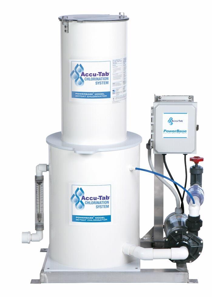 Description The Accu-Tab PowerBase 3070AT chlorination system incorporates a patented Axiall Corporation chlorinator into a compact plug and play system.