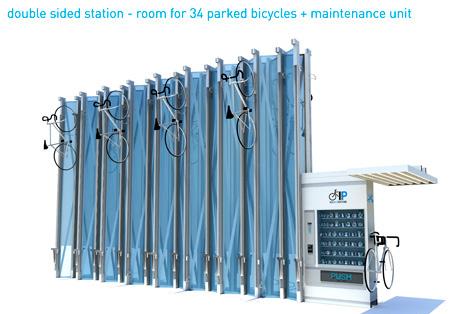 bicycle parking, showers and lockers. Vertical bicycle racks work on a counter-weight system.