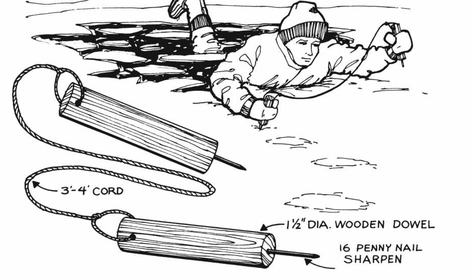 Make a Pair of Ice Safety Picks 1.) Need two 4-5 inch wooden dowel, size of a broom handle. 2.) Drive a 16 penny nail into each end of the dowel rod. 3.