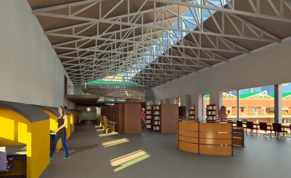 The library roof is designed to capture the northern light, so the Elm Ave. wing of the library faces North and South.