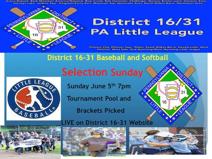 District 16/31 Baseball and Softball Selection Sunday Show LIVE on the District 16-31 Website Sunday June 5 th 7pm The Pool Play and Brackets will be picked and filled