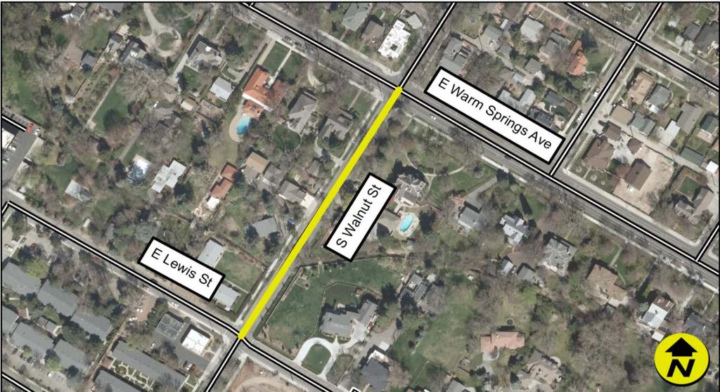 Project Name Walnut St, Lewis St / Warm Springs Ave Project Purpose Date Scoped 7/31/17 GIS Number CM217-54 Requestor BSD Improve pedestrian connectivity and safety through Walnut St for access to