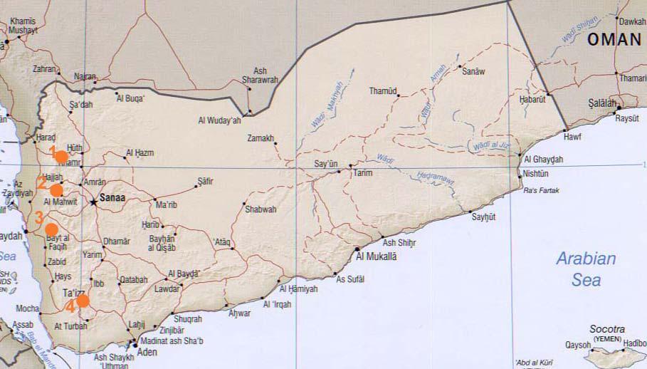 Fig. 1. Yemen showing field sites visited. 1. Wada a. 2. Wadi Dhaloum. 3. Bura a PA. 4. Ta iz. (note: borders shown are approximate and not intended to be authoritative). 2. RESULTS 2.