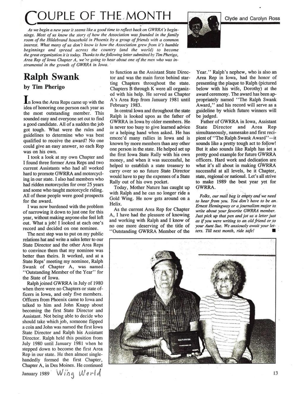 Article about Ralph Swank from the January 1989 issue of