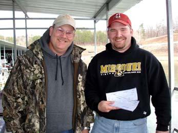 Third place was Mike and Jeff Schwent. They had a total of 9 fish weighing 8.40 lbs. They reported catching their fish all day on green pumpkin brush hogs. They took home $114.00.
