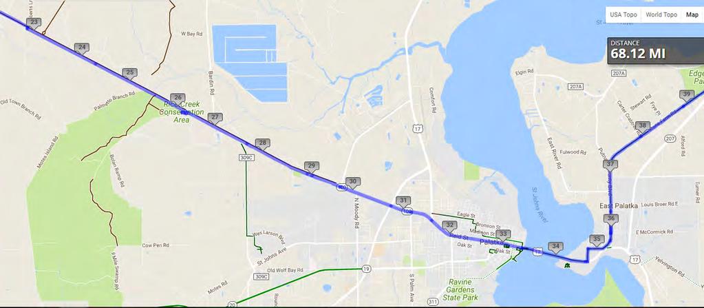 STAGE #3 68 MILE BIKE Mile 23-39 SAG 23-34.3 Continue EAST on FL-100 towards Palatka. 25.4 Caution: narrow bridge. 30.5 Carefully cross 19, continuing EAST on FL- 100, Reid St. 31.