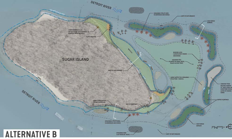 Sugar Island, Detroit River, MI Design Alternative Create barrier islands to protect southern shoreline.