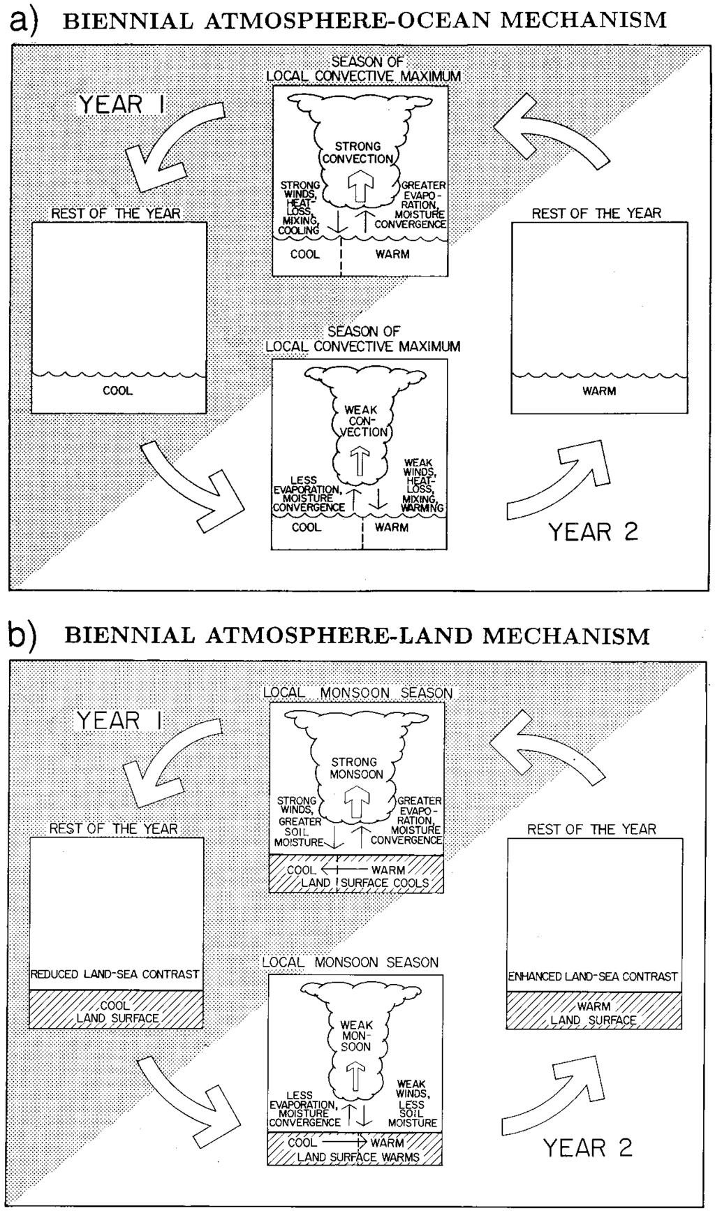 1923 FIG. 1. (a) Schematic illustration of the biennial atmosphere ocean mechanism. (b) Same as (a) except for the biennial atmosphere land mechanism. contribute to weaker convective activity.