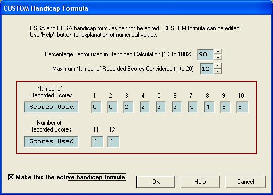 ing variables, which determine how handicaps are calculated (see window at right): - Percentage handicapping: a factor that is applied in calculating handicaps (a 96% factor is used in USGA formulas).