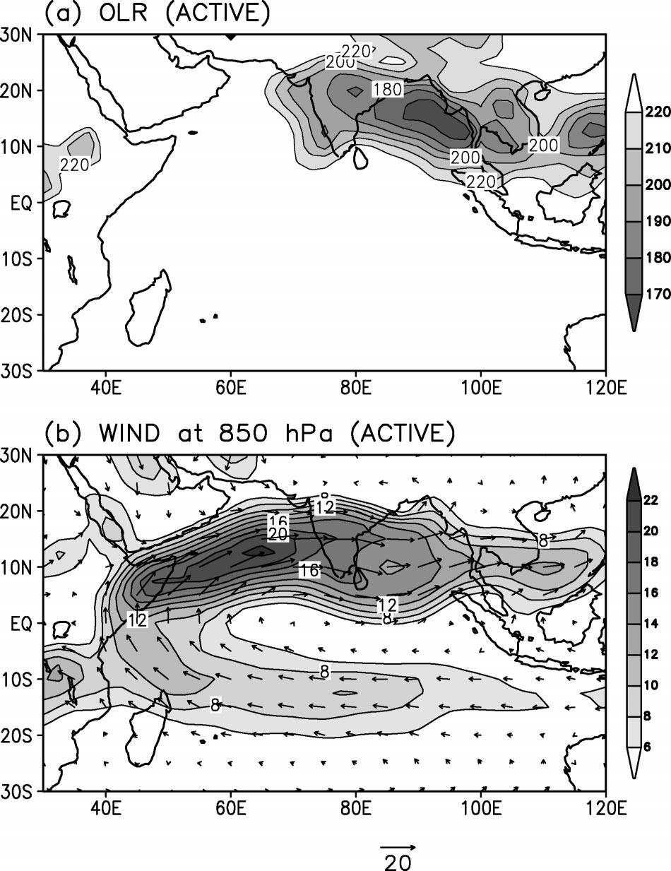 vectors and isolines of the magnitude of wind in m s 1 : 6 and more at 2 m s 1 interval. FIG. 5. Composites for active monsoon days in Jun Aug of 1979 90.