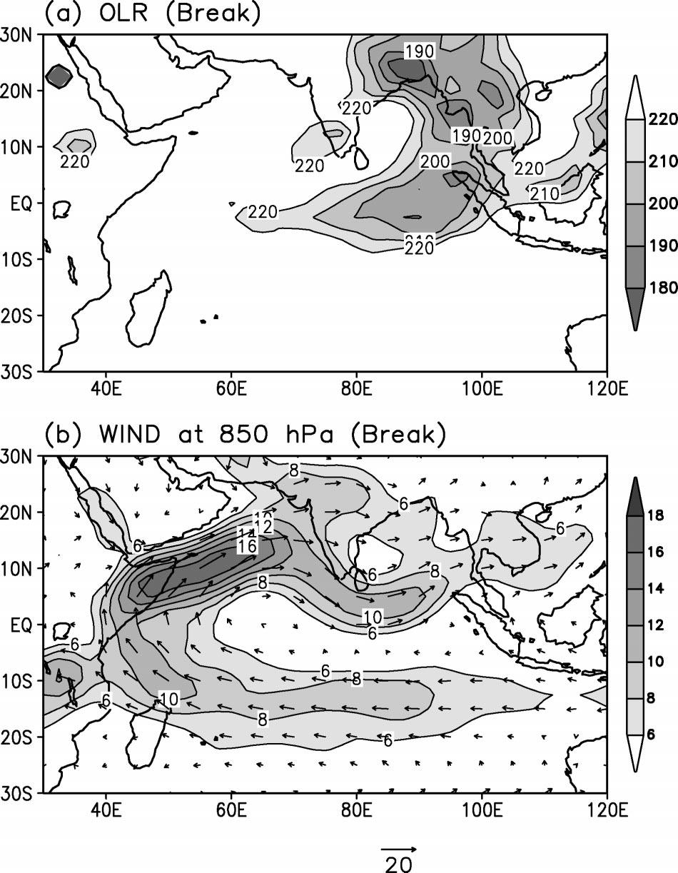 1454 JOURNAL OF CLIMATE VOLUME 17 FIG. 6. Composites for break monsoon days in Jul and Aug of 1979 90. (a) OLR (isolines in W m 2 : 220 and lower at intervals of 10Wm 2 ), (b) 850-hPa wind vectors.