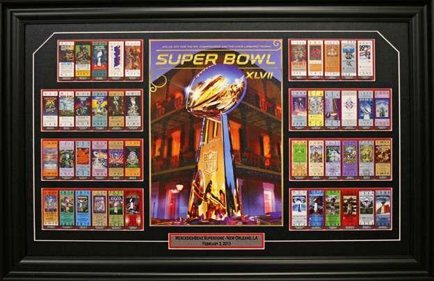 SUPERBOWL XLVII DELUXE FRAMED TICKET SET MERCEDES-BENZ NEW ORLEANS, LA FEBRUARY 3 RD, 2013 This deluxe framed piece features a creative design which includes a ticket stub from all Super Bowls in