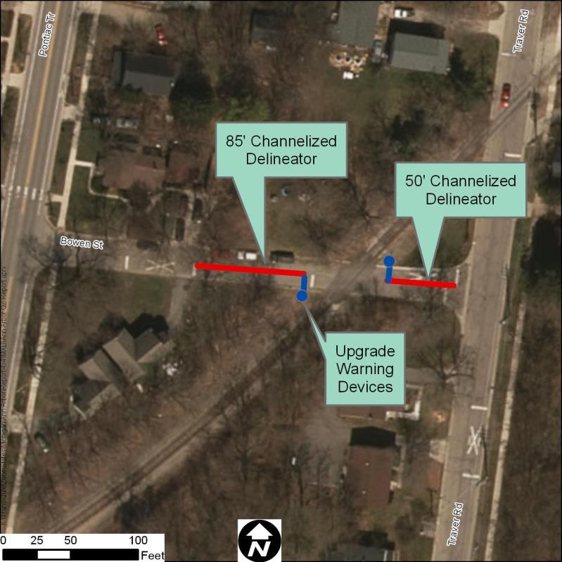 Bowen Street (000234D) Option 1: Closure Option 2: ASM Channelized Delineators 1,244 0 (100%) $0 $0 $30 Notes: Closure of the crossing is assumed to be cost neutral due to MDOT s incentive funding